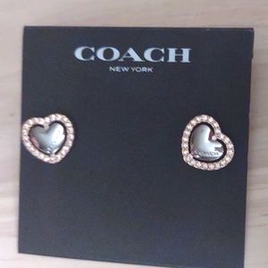 Coach Valentine's Heart Silver Crystal Engraved Logo Stud Earrings Y2K